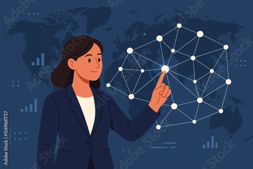 Confident Businesswoman Interacting with Global Digital Network, Data Exchange, Technology Connections, World Map, Modern Flat Vector Illustration
