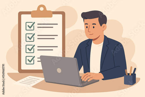 Online Survey Checklist and Assessment Form. Digital Document Management System. Businessman Completing Questionnaire, Task Management, Clipboard, Office Workspace, Productivity, Organization