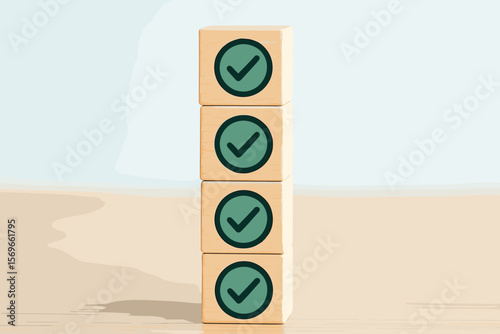 Task Checklist Icons on Wooden Blocks. To-Do List, Survey, Assessment, Quality Control, Confirm Items, Business Goals, Productivity, Organization, Success, Achievement Concept