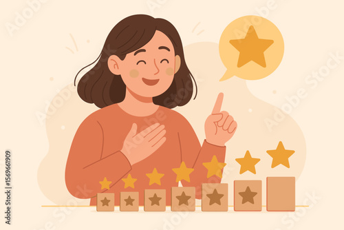 Customer Feedback and Satisfaction Rating Concept, Service Review, Wooden Blocks with 1 to 5 Star Icons, Positive Experience, Quality Evaluation, Client Testimonial, Rating System, Service Excellence