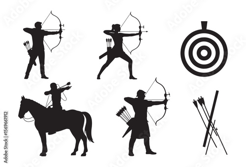 Archery silhouettes featuring archers horseback archer target and arrows