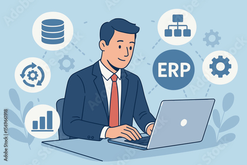 Businessman Using Laptop with ERP System Interface, Enterprise Resource Planning Icons, Business Automation, Data Management, Workflow Optimization, Digital Transformation