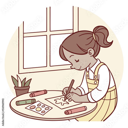 Girl drawing at a table with crayons and a plant near a window in a cozy room with a warm color palette