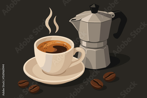 Steaming Hot Espresso Coffee Cup with Moka Pot, Coffee Beans, Dark Background, Modern Flat Vector Illustration, Fresh Brewed Beverage, Italian Cafe, Morning Drink Concept