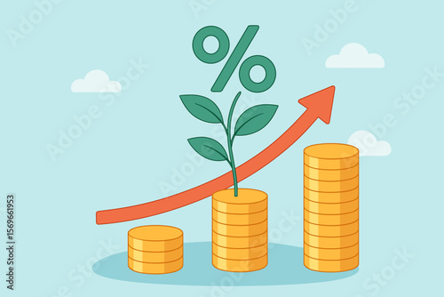 Interest Rate Growth, Investment Profit, Dividend Increase, Financial Banking Success, Rising Interest, Business Finance, Money Stack, Economic Growth, Percentage Sign, Wealth Accumulation