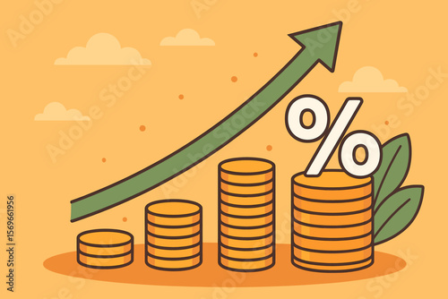 Rising Interest Rates and Investment Growth Concept – Stacked Gold Coins, Upward Arrow, Percentage Symbol, Financial Banking, Business Profit, Dividend, Economic Increase, Wealth Accumulation