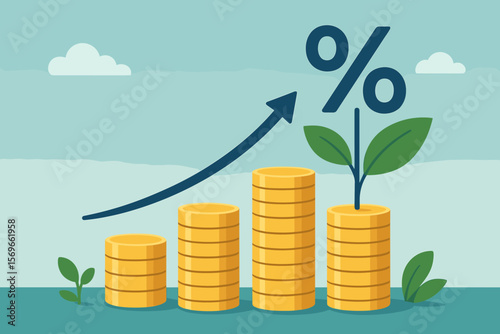 Stacked Gold Coins with Growing Percentage Sign, Investment Growth, Rising Interest Rates, Financial Banking, Business Profit, Dividend, Economic Success