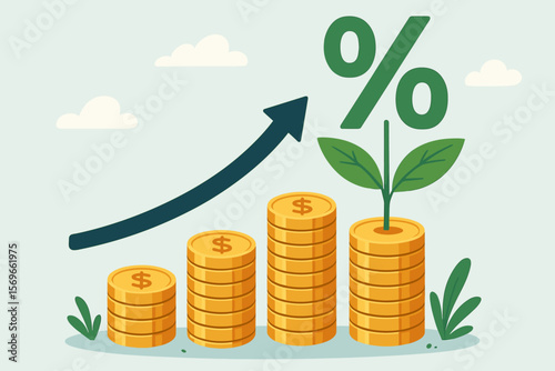 Stacked Gold Coins with Growing Percentage Sign, Investment Profit, Interest Rate Increase, Financial Growth, Banking, Business, Dividend, Economic Success