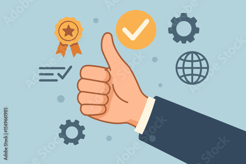 Quality Assurance and Service Excellence Concept. Thumbs Up Hand Sign. Guarantee, ISO Certification, Standardization, Satisfaction, Service Experience, Top Service, Quality Standards