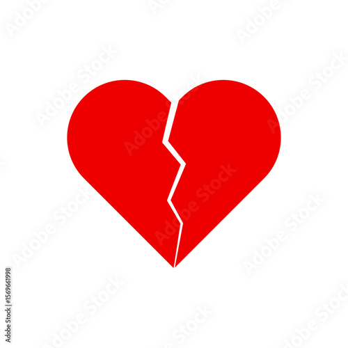 A simple red broken heart symbol with a white crack down the middle on a white background