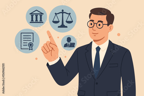 Lawyer touching legal icons. Concept of law, justice, and legal services. Attorney providing online consultation. Notary public. Business legislation and advice concept.