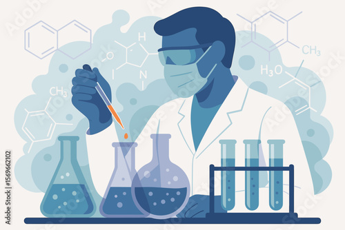 Scientist Conducting Chemical Experiment in Laboratory with Glassware, Test Tubes, Chemical Equations, Research Concept, Modern Science Illustration