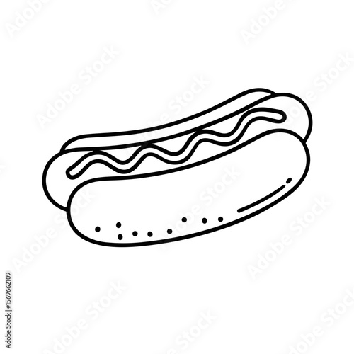 Simple black and white illustration of a hot dog with mustard.