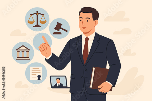 Professional Lawyer Touching Virtual Law Icons. Businessman in Suit with Legal Symbols. Justice Scales, Gavel, Courthouse, Certificate, Online Consultation. Legal Services, Notary, Business Law