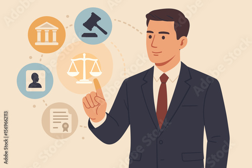 Professional Lawyer Touching Virtual Justice Icons. Legal Expert in Suit Interacting with Law, Justice, Court, Notary, Legal Services, Business Legislation, Certification, Attorney, Legal Advice