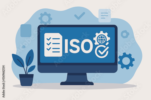 ISO Standards Certification, Quality Control, Assurance, Warranty, Business Technology Concept. Computer Monitor Displaying ISO, Document Checklist, Gear, Globe, Checkmark Icons