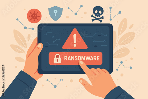 Ransomware Cyber Attack Alert on Tablet Device. Malware Virus Warning Notification. Cybersecurity Threat, Data Breach, Hacking, Digital Security Risk, Technology Crime, Online Protection Concept