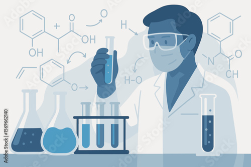 Modern Science Laboratory Research Concept with Scientist, Chemical Glassware, Test Tubes, Chemical Equations, Experiment, Chemistry Analysis, Laboratory Equipment, Double Exposure Illustration