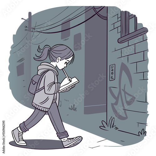 A girl with a backpack walks down a city street while drawing in a sketchbook with graffiti on the wall near