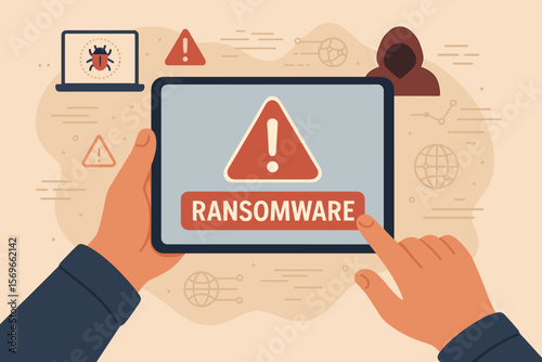 Ransomware Cyber Attack Alert. Tablet Warning Notification. Malware Virus Threat. Hacker, Data Breach, Cybersecurity, Technology, Online Security, Digital Crime, Internet Safety Concept