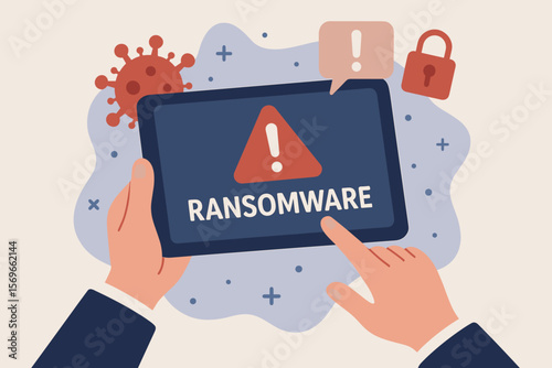 Ransomware malware attack and virus alert on tablet screen. Concept of cybersecurity, cyber threats, data protection, and internet security. Hacker activity warning notification.