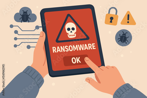 Ransomware Cyber Attack Alert. Tablet Warning Notification with Skull Symbol. Malware Virus Threat, Cybersecurity Breach, Data Protection, Technology Risk, Hacking, Online Security Concept
