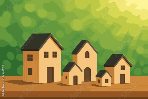 Miniature Wooden Houses on Table, Sunlight Rays, Green Nature Bokeh Background, Real Estate Concept, Eco-Friendly Home, Modern Flat Vector Illustration