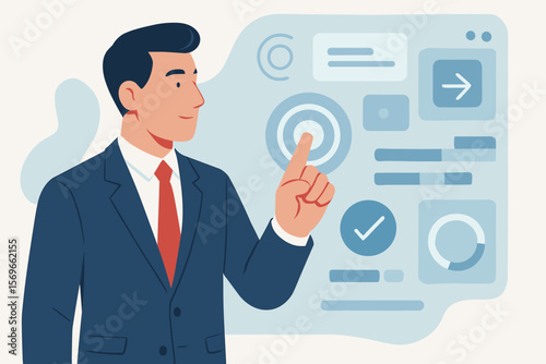 Businessman touching a virtual screen. Manager interacting with a digital interface dashboard. Business data analysis, innovation, and management. Flat vector illustration.