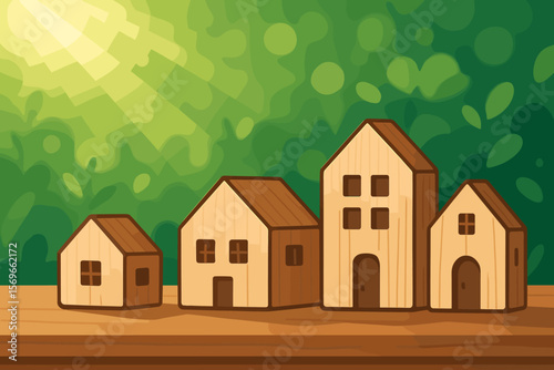 Miniature wooden houses on green background with sunrays. Real estate, property investment, mortgage, housing market, and eco friendly home concept. Modern flat vector cartoon.