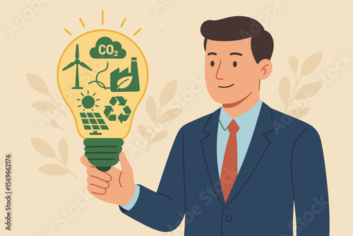 Net zero and carbon neutral concept. Businessman holding light bulb with renewable energy icons. CO2 emissions reduction, green production, waste recycling, sustainability.