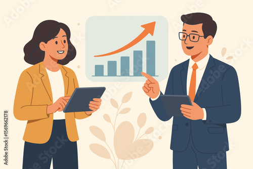Startup Business Growth Concept. Business People Analyzing Data on Tablets. Rising Bar Graph, Teamwork, Digital Technology, Success, Innovation, Office Collaboration, Modern Flat Illustration