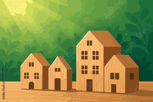 Miniature Wooden Houses on Table with Sunlight and Green Nature Background, Eco-Friendly Real Estate Concept, Sustainable Living, Modern Vector Illustration