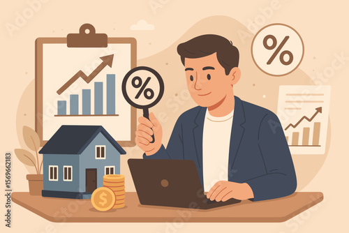 Mortgage Interest Rate Analysis, Home Loan Investment Planning, Property Finance, Best Rate Research, Real Estate Business, Percentage Growth, Financial Advisor, House and Money Concept