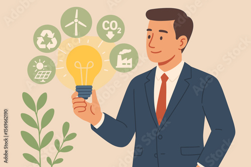 Net zero carbon neutral business concept. Businessman holding light bulb. Renewable energy, CO2 emissions reduction, green production, waste recycling, wind solar power, sustainability