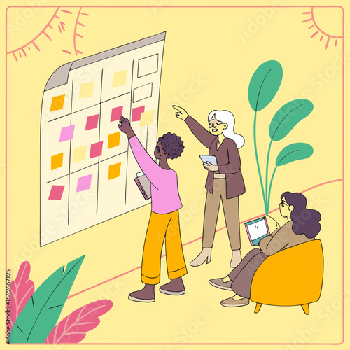 Three women collaborating on a project using a calendar board and digital devices in a bright space