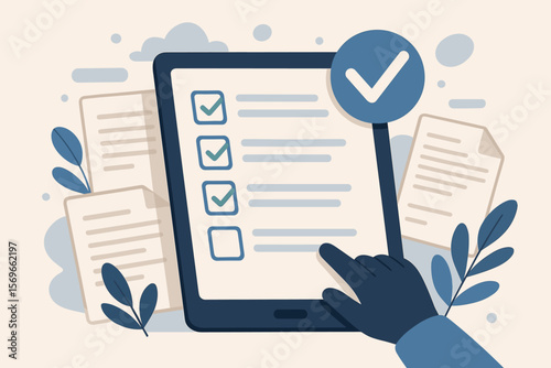 Digital Survey and Form Checklist on Tablet, Online Document Management System, Electronic File Process, Modern Flat Design, Workflow Automation, Paperless Office, Data Entry, Compliance Audit