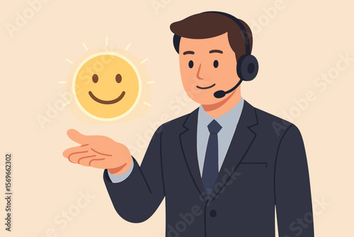 Customer Service Satisfaction Concept, Businessman with Headset Presenting Happy Smile Face Icon, Positive Feedback, Good Review, Client Experience, Service Excellence, Support Success