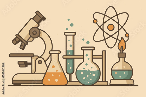 Science Laboratory Equipment Microscope Test Tubes Flasks Bunsen Burner Chemistry Experiment Vintage Style Vector Illustration Modern Flat Cartoon Atomic Symbol