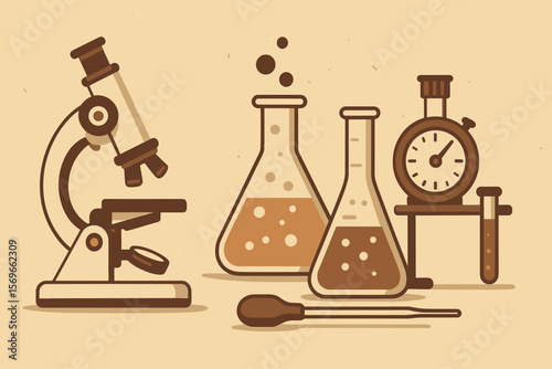 Laboratory Science Equipment Vintage Style Vector Illustration. Microscope, Flasks, Stopwatch, Test Tube, Pipette. Chemistry Experiment Tools. Retro Cartoon Design. Scientific Research Concept