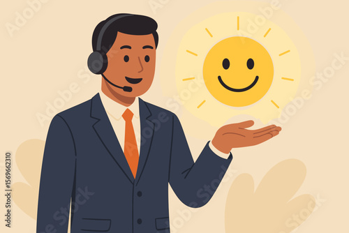Customer Service Satisfaction Concept, Businessman in Suit with Headset Holding Smiling Sun Icon, Positive Feedback, Happy Client, Service Excellence, Good Review, Support Success