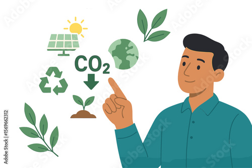 Reduce CO2 emission concept with person pointing at icons. Sustainable development and green energy solutions. Solar panel, recycling, for net zero carbon footprint goals.