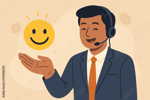 Customer Service Satisfaction Concept, Businessman in Suit with Headset Presenting Happy Smile Icon, Positive Feedback, Excellent Support, Good Review, Client Experience, Service Quality