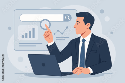 Businessman Using AI Assistant for Data Search, Virtual Analytics, Technology, Search Engine Optimization, Information Retrieval, Computer, Digital Marketing, Graphs, Office