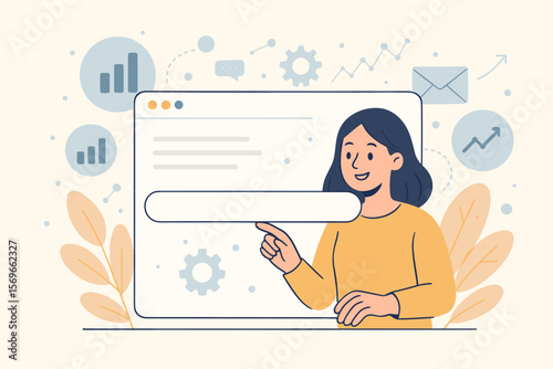 Woman searching internet, browsing data online. User points to blank search bar on website. SEO, search engine optimization, and digital marketing business concept illustration.