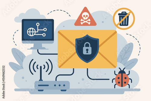 Internet security monitoring system for network data protection. Email spam, virus, and junk mail filtering concept. Antivirus notification and digital letter security.