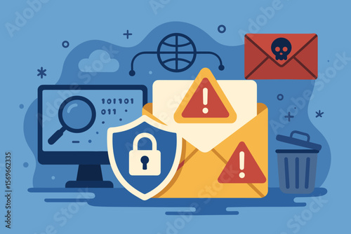 Cybersecurity concept. Email spam and virus protection. Internet security monitoring system scanning for phishing, malware, and junk mail. Data privacy and network protection.