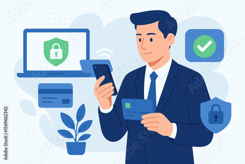 Secure online payment and digital banking concept. Businessman with phone and credit card makes a successful transaction. Fintech for data protection and online security.