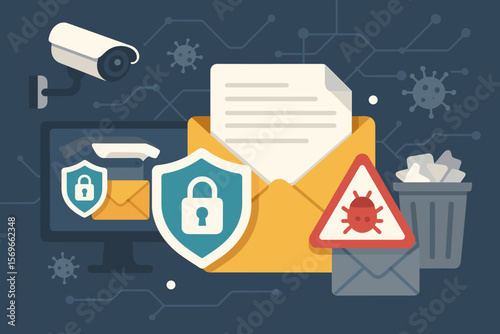 Email security, data protection concept. Internet network monitoring system against spam, virus, and malware. Cybersecurity, online privacy, anti-phishing vector illustration.