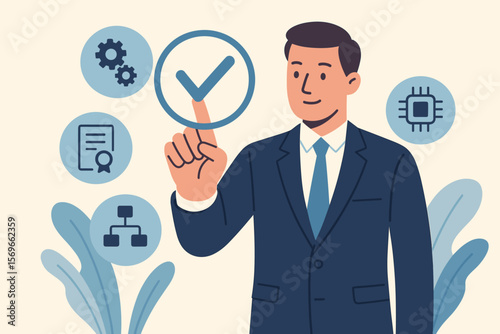 Service guarantee and validation concept for business process automation. Quality assurance management, certification, and digital transformation. Businessman touching checkmark.