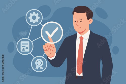 Business Process Automation Validation, Service Guarantee, Quality Assurance Management, Certification, Digital Transformation, Businessman Touching Virtual Interface
